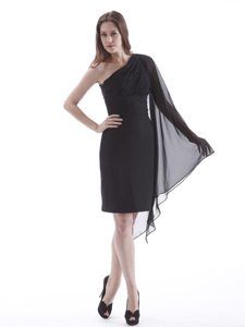 Ruched One Shoulder Prom Little Black Dress with Long Fan Sleeve