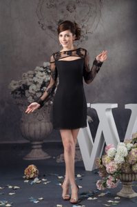 Low Price Bateau Neck Little Black Dress with Long Sheer Sleeves