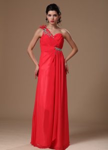 Pretty One Shoulder Ruched Coral Red Dress for Prom Zipper-up