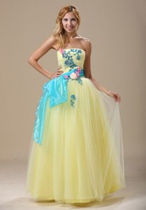 Cute Strapless Light Yellow Long Prom Dress with Blue Appliques