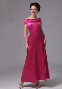 Off The Shoulder Satin Hot Pink Beaded Ankle-length Prom Dress