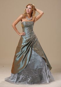 Customized Olive Green Embroidery Strapless Prom Evening Dress