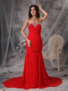 Mermaid Court Train Beaded Ruched Red Prom Dress for Girls