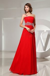 Cheap One Shoulder Red Beaded Ruched Long Prom Dress