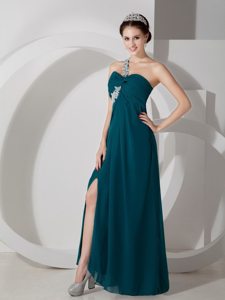 Cheap One Shoulder Appliqued Ruched Green Girls Prom Dress