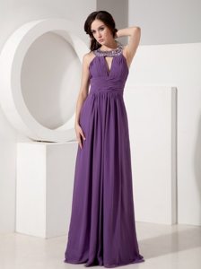 Scoop Neck Rhinestones Zipper-up Beaded Purple Prom Dress