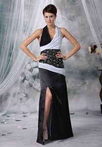 Halter top White and Black Beaded Slitted Prom Party Dress