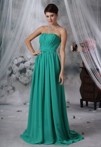 Cheap Chiffon Brush Train Ruched Turquoise Dresses for Prom
