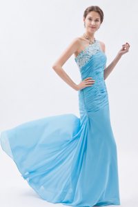 Pretty Baby Blue Prom Holiday Dress Beaded One Shoulder with Ruches