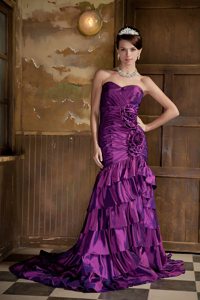 Mermaid Purple Prom Gown Dress Hand Made Flowers Ruffled Layers