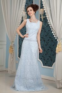 Zipper-up Light Blue Square Prom Formal Dress Sleeveless Sweep Train