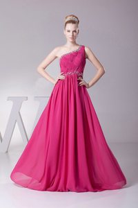One Shoulder Beaded Ruched Chiffon Hot Pink Prom Maxi Dress