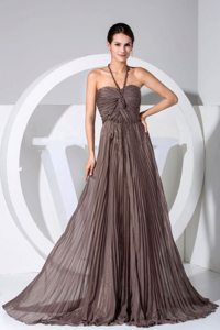 2013 Halter Top Column Ruched Pleated Brown Prom Maxi Dress