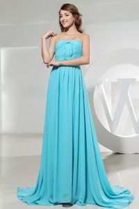 Customized Empire Strapless Brush Train Ruched Blue Prom Dress