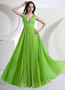Beaded and Pleated V-neck Prom Holiday Dress in Bud Green 2014