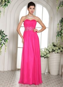 Beaded and Ruched Floor Length Prom Holiday Dresses in Hot Pink