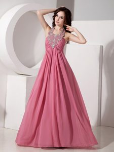 Rust Red Halter Chiffon Prom Bridesmaid Dress with Beading and Ruches