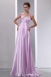 Lavender A-line Halter Brush Prom Bridesmaid Dress with Appliques