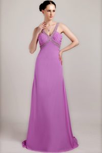Beading and Ruches Accent Brush Prom Bridesmaid Dress in Lavender