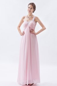 Baby Pink Empire One Shoulder Prom Bridesmaid Dress with Beading