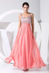 Watermelon Straps Chiffon Prom Maxi Dress with Beading and Ruches