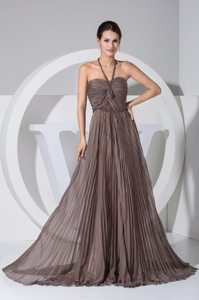 Brown V-neck Brush Train Prom Maxi Dress with Ruches and Pleats