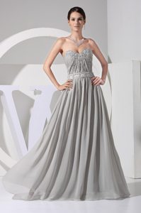 Appliqued and Ruched Gray Chiffon Sweetheart Prom Maxi Dresses