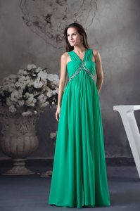 Beading and Ruches Accent Green V-neck Long Prom Maxi Dress 2014