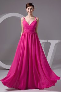 Davis CA V-neck Ruched Floor Length Prom Maxi Dress in Hot Pink