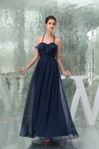 Navy Blue Halter Ruched and Ruffled Prom Maxi Dress of Ankle Length