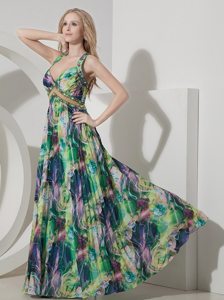 Beaded and Pleated Colorful Printing Prom Maxi Dress Criss Cross