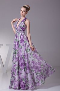 Beaded and Ruched Printing Prom Maxi Dress of Halter Top in Vogue