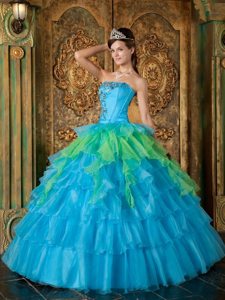 Pretty Strapless Ruffled Appliqued Blue Quinceanera Gown Dress