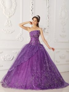 Purple Strapless Organza Quinceanera Gowns with Embroidery 2014