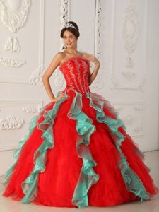 Red and Green Strapless Quinceanera Gowns with Ruffles Appliques