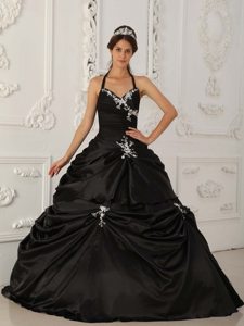 Black A-line Halter Quinceanera Dress with Appliques and Pick ups