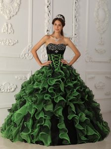 Beaded and Ruffled Organza Quinceanera Dress in Green and Black