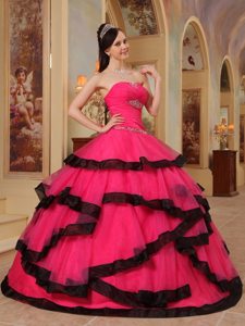 Hot Pink Sweetheart Appliqued Quinceanera Dress with Black Frills