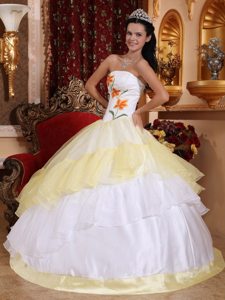 Light Yellow and White Organza Quinceanera Gown with Embroidery