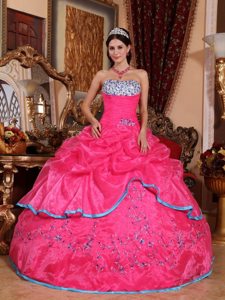 Embroidered Hot Pink Organza Quinceanera Gowns with Pick ups