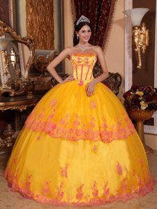 Yellow Strapless Floor Length Quinceanera Gown with Lace Appliques