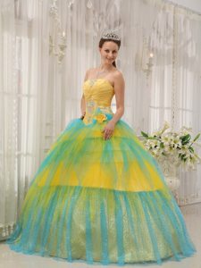 Yellow and Blue Tulle Strapless Quinces Dresses with Appliques