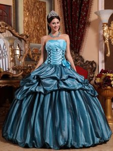 Blue Ball Gown Quinces Dresses with Hand Made Flowers Pick ups