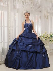 Navy Blue Halter Sweet Sixteen Quinceanera Dress with Appliques