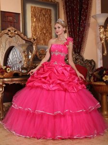 Ruched and Beaded One Shoulder Quinceanera Dresses in Hot Pink