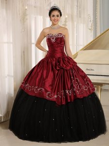 Embroidered and Ruched Quinceanera Gowns in Black and Wine Red