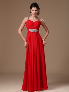 2014 New Style Red Beaded Straps Chiffon Evening Prom Dresses