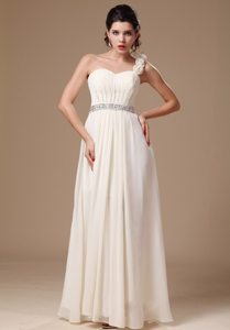 Beaded One Shoulder White Prom Holiday Dresses with Hand Flowers