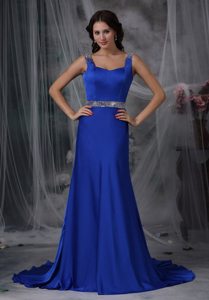 Beading Royal Blue Court Train Celebrity Prom Dress with Straps