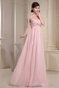One Shoulder Beading Ruched Baby Pink Chiffon Dresses for Prom